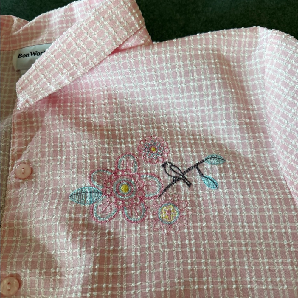 Bon Worth Pink Plaid Blouse with Floral Design